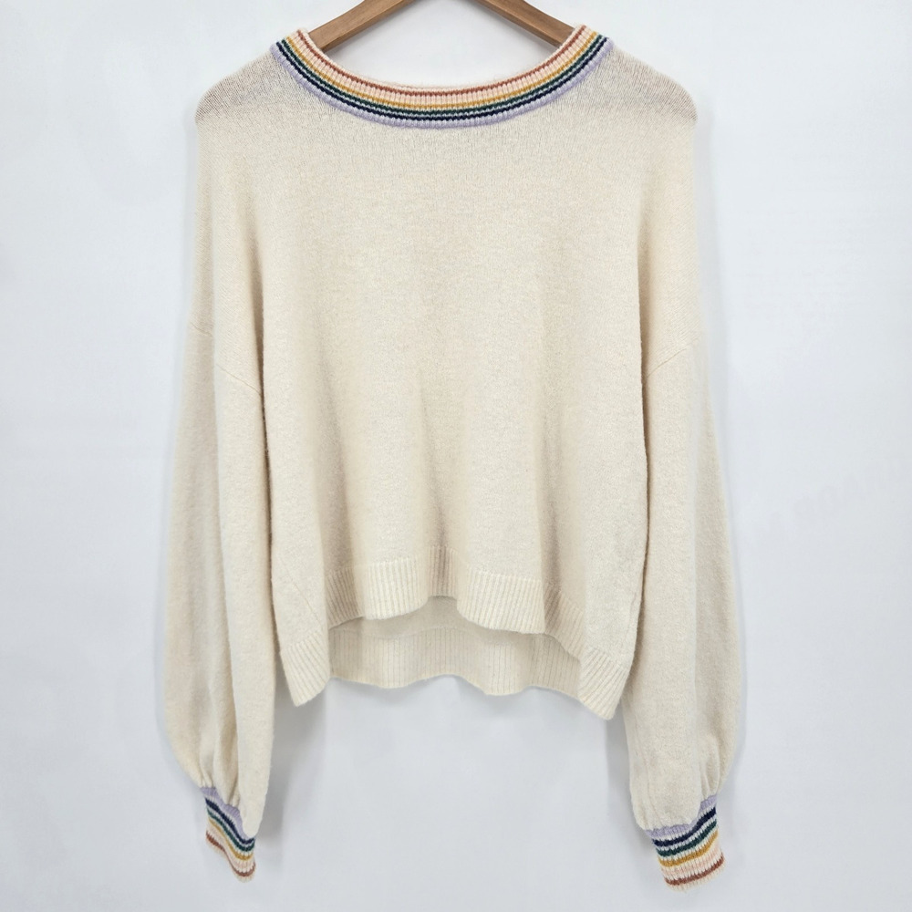 Madewell Rainbow Trim Gladwell Balloon Sleeve Alpaca Wool Sweater Cream Size M